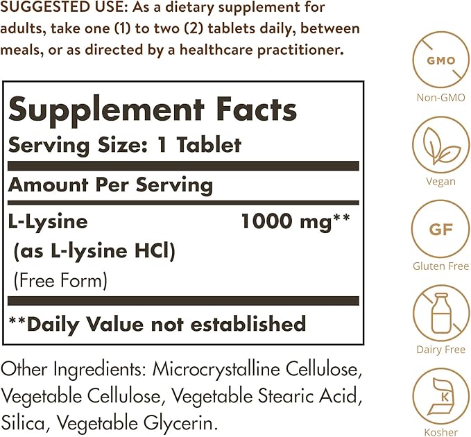 Solgar L-Lysine 1000 mg, 250 Tablets 250 Servings