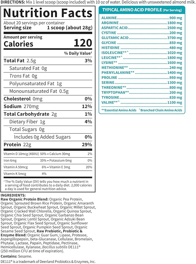 Organic Vegan Unflavored Protein Powder 22g Complete 1.2 LB