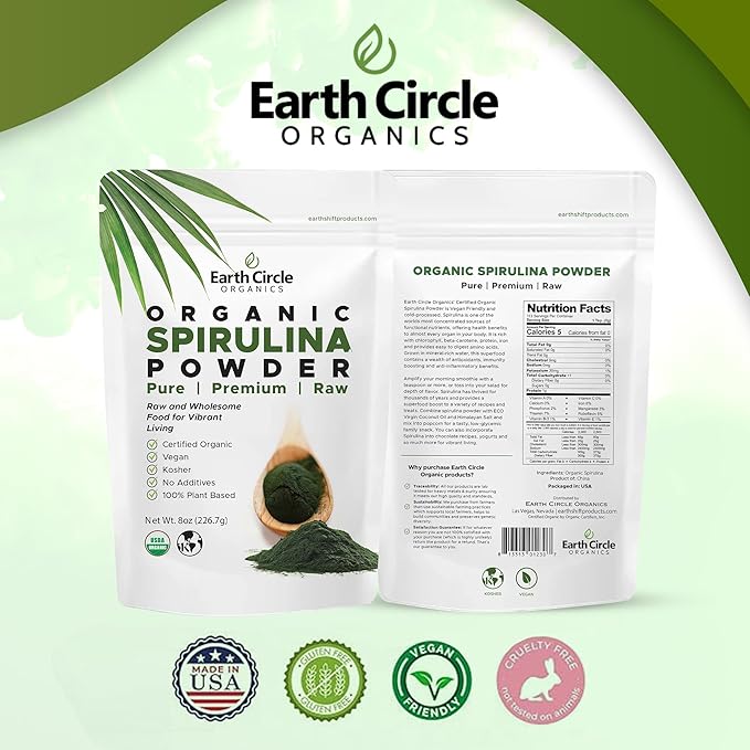 Earth Circle Organics Spirulina Powder, Kosher, Raw and Non-Irradiated | Pure Vegan Protein | Premium Energy Superfood, High in Amino Acids and Antioxidants - (8oz - 2Pack)