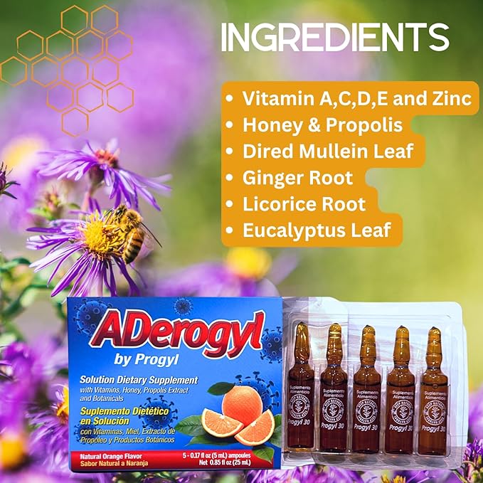 Oral Vitamins with A, C, D, E, Zinc, Bee Honey, Propolis, and Botanical Extracts - Natural Orange Flavor - 5 Ampoules (0.85 fl oz / 25 ml) Immune Support