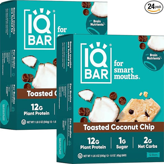 IQBAR Brain and Body Plant Protein Bars - Toasted Coconut Chip - 24-Count Low Carb - Gluten Free, High Fiber, Vegan Snacks - Low Sugar Meal Replacement