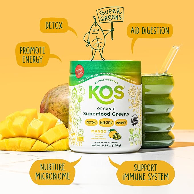 KOS Organic Superfood Greens Powder - Gut Health from Prebiotic Fiber, Supergreens and Adaptogens - USDA Certified Organic, Made in a GMP Certified Facility - 28 Servings Mango
