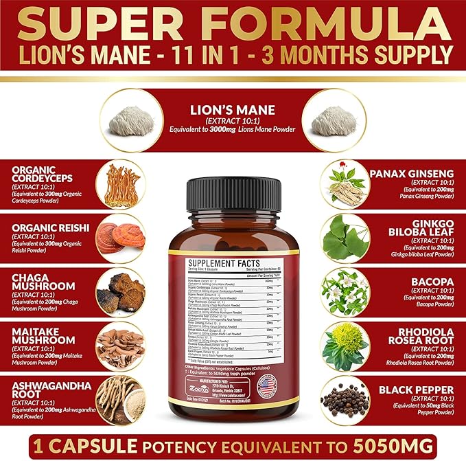 11 in 1 Lions Mane Mushroom 5050mg, 3 3 Month
