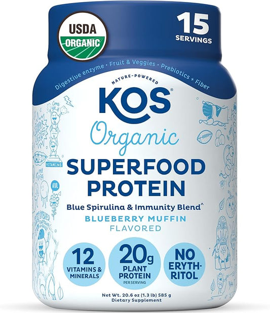 KOS Plant Based Protein Powder, Blueberry Muffin 15 Servings