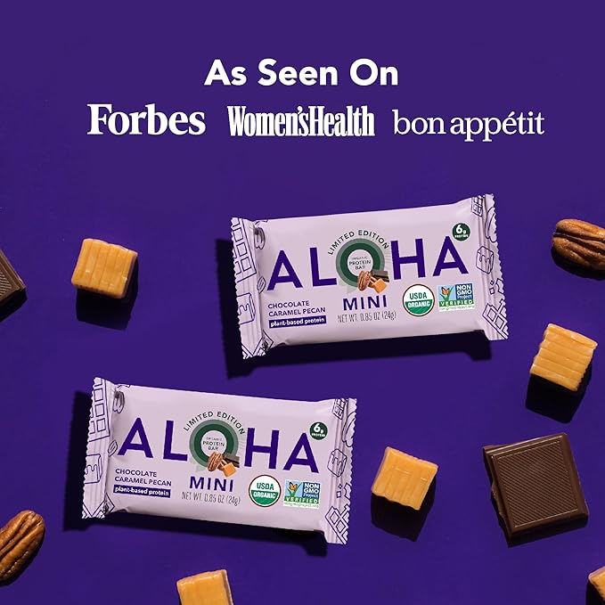 ALOHA Organic Plant Based Protein Bar MINIS |Caramel Chocolate Pecan | 20 Count, 24g Bars | Vegan, Low Sugar, Gluten Free, Low Carb, Non-GMO, Stevia Free, Soy Free, No Sugar Alcohols