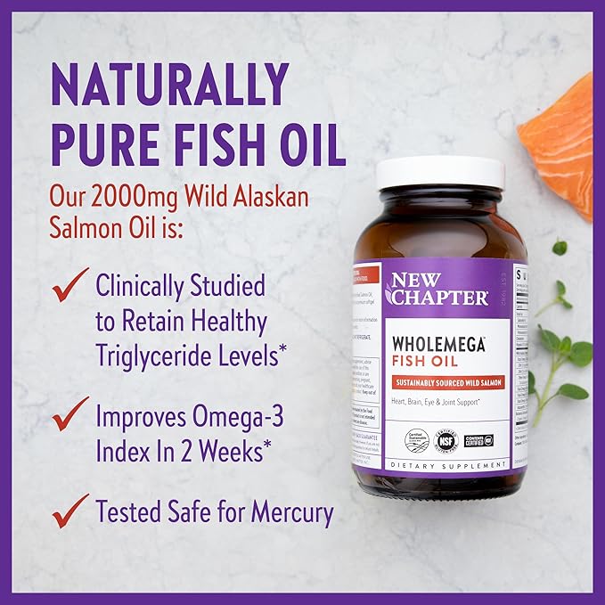 New Chapter Wholemega Fish Oil Supplement Omega-3 + D3 + 120 ct, 1000mg Softgels