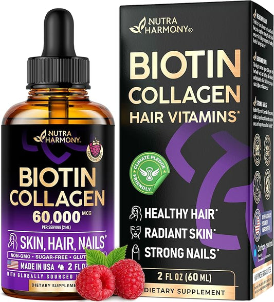 Liquid Biotin & Collagen - Vitamins for Hair Growth Support for Women & Men - Extra Strength 60000 mcg Drops - B7 Supplement - Strong Nails & Healthy Skin - 98% Faster Absorption Than Pills