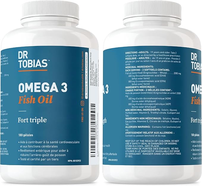 Dr. Tobias Omega 3 Fish Oil, 2000mg Triple 3 Supplement 800mg EPA 600mg DHA 3 Supplements 180 Softgels, 90 Servings