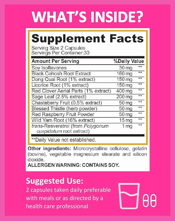 Menopause Relief Supplement with Black Cohosh, 60 Capsules, 30 Servings
