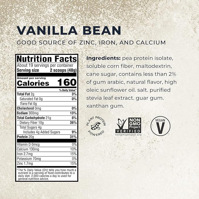 Evolve Plant Based Protein Powder, Vanilla 20g Vegan 10g Fiber, 2 Pound