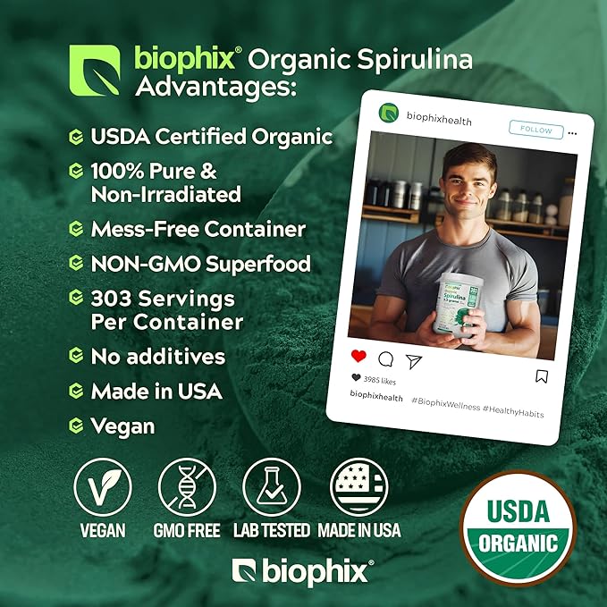 biophix Organic Spirulina Powder, 2.2 Lbs 100% Pure Spirulina Blue Green Algae Powder, Vegan, Non GMO, Non-Irradiated, USDA Certified, Best Protein Superfood
