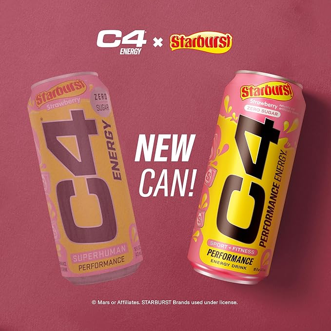 Cellucor C4 Performance Energy Drink | STARBURST Strawberry | Zero Sugar Carbonated Preworkout Energy | 200mg Caffeine with Beta Alanine | 16 Fl Oz (12 Pack)