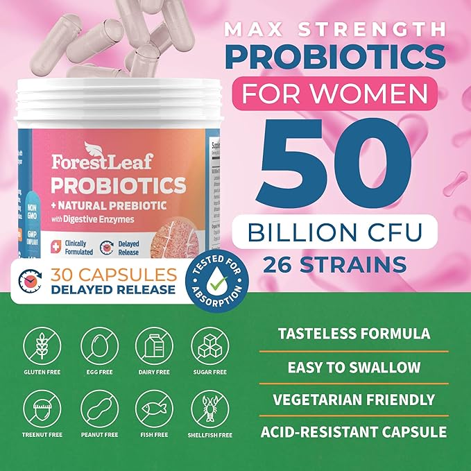 ForestLeaf Womens Probiotic 50 Billion CFU with Organic Prebiotics, Digestive Enzymes, Cranberry, D-Mannose - Prebiotics Probiotics for Women Digestive Health & Vaginal Probiotics Support, 30 Capsules