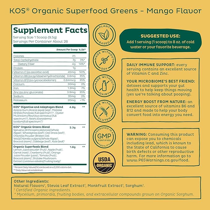 KOS Organic Superfood Greens Powder - Gut Health from Prebiotic Fiber, Supergreens and Adaptogens - USDA Certified Organic, Made in a GMP Certified Facility - 28 Servings Mango