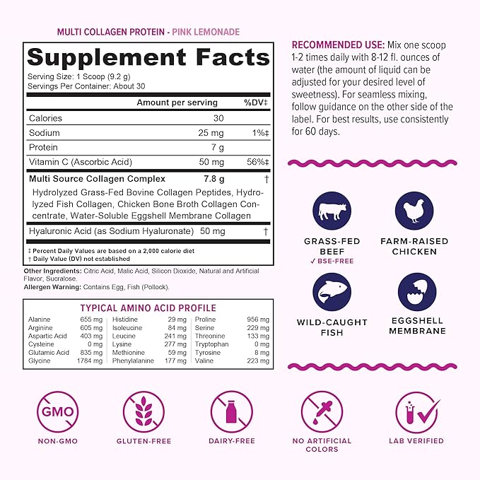Multi Collagen Peptides Powder for Women and Men - Instant Dissolving Grass Fed Hydrolyzed Collagen Powder Drink Mix for Beautiful Hair Skin and Nails with Hyaluronic Acid and Vitamin C