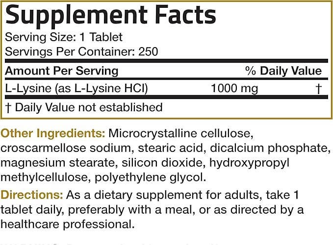 Bronson L-Lysine Extra Strength 1000 MG 250 Vegetarian