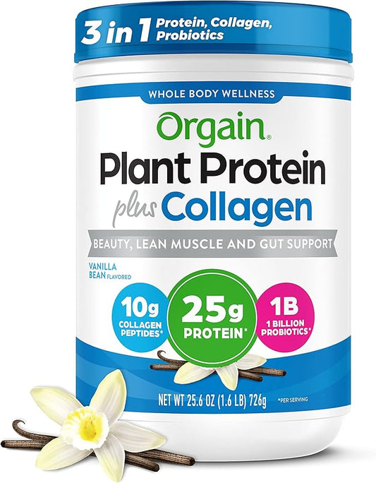 Orgain Protein Powder + Collagen, Vanilla Bean 25g of 10g Collagen 1B CFU 1.6lb