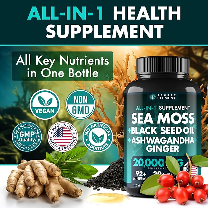 Irish Sea Moss Black Seed Oil Ashwagandha Ginger, 20,000mg Capsules, Seamoss Black Seed Oil Ashwagandha Burdock Root, Sea Moss and Ashwagandha, All in One Supplement, 120 Sea Moss Capsules
