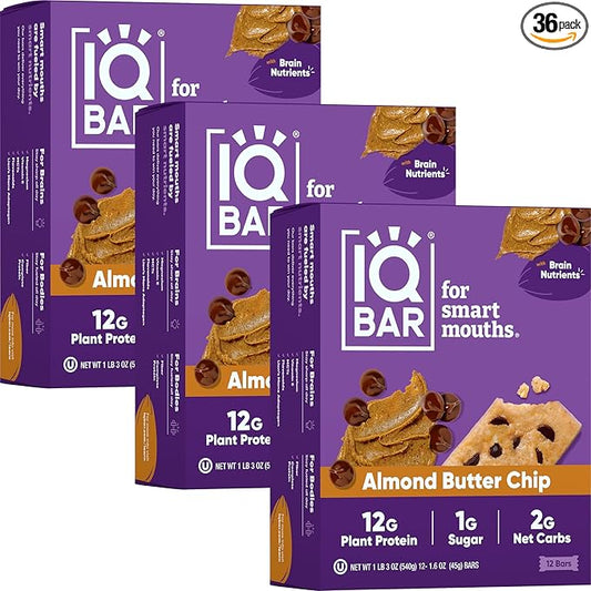 IQBAR Brain and Body Plant Protein Bars - Almond Butter Chip - 36-Count Low Carb - Gluten Free, High Fiber, Vegan Snacks - Low Sugar Meal Replacement