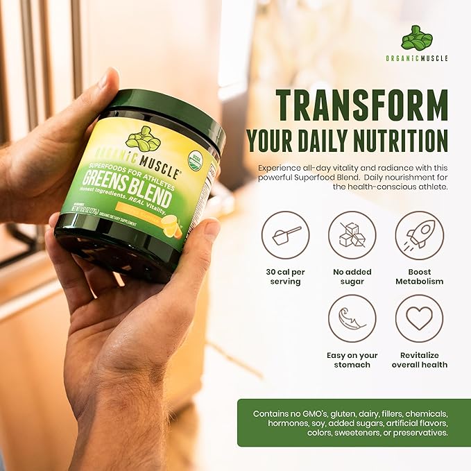 Organic Muscle Super Greens Powder Organic Superfood Powder with Probiotics, Spirulina, Chlorella, and Matcha| Non-GMO, 30 Servings