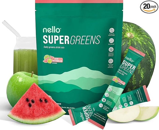 Nello Supergreens Premium Superfood Greens Drink Mix w/Chlorella, Moringa, Spinach & Broccoli + Digestive Enzymes & Probiotic Blend -Nutrient-Packed Powder Wellness (Watermelon 20 SRV, Travel Pack)