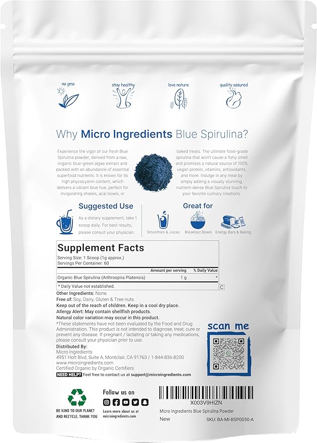 Organic Blue Spirulina Powder (Phycocyanin Extract), 60 Servings - No Fishy Smell, 100% Vegan Protein from Blue-Green Algae, Natural Luminous Food Coloring for Smoothies, Baking, Drinks & Cooking