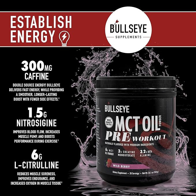 Bullseye MCT Oil Pre Workout Supplement - Creatine Monohydrate, Medium Chain Triglycerides, Beta Alanine, Caffeine, L-Citrulline, Muscle Gainer, Focus, Endurance, Energy -20 Servings - Wild Berry