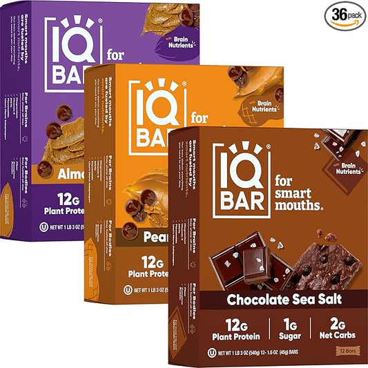 IQBAR Brain and Body Plant Protein Bars - Chocolate Lovers Variety - 36-Count Low Carb - Gluten Free, High Fiber, Vegan Snacks - Low Sugar Meal Replacement