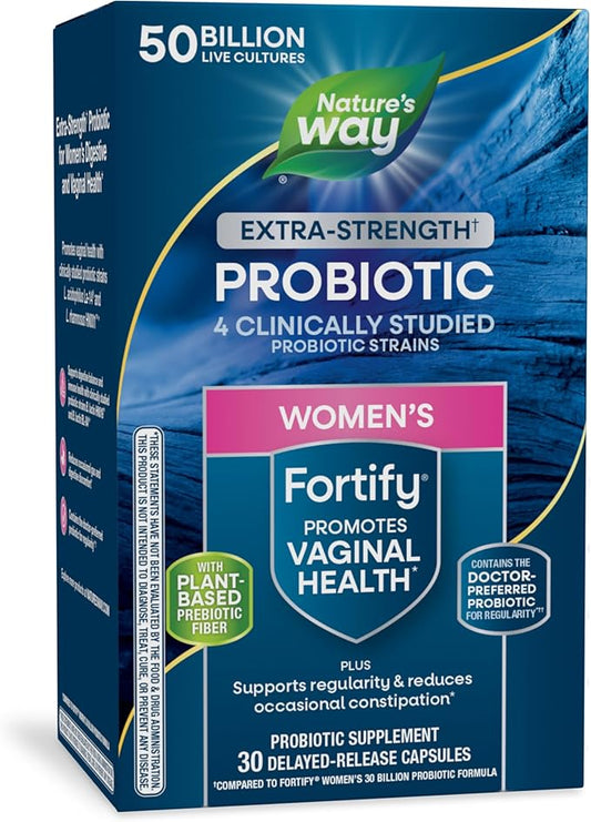 Nature's Way Women's Extra Strength** Fortify Probiotic, 50 Billion Live Cultures, Supports Digestive, Vaginal, & Immune Health*, Plant-Based Prebiotic Fiber, Non-GMO, 30 Capsules (Packaging May Vary)