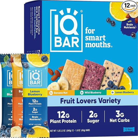 IQBAR Brain and Body Plant Protein Bars - Fruit Lovers Variety - 12-Count Low Carb - Gluten Free, High Fiber, Vegan Snacks - Low Sugar Meal Replacement