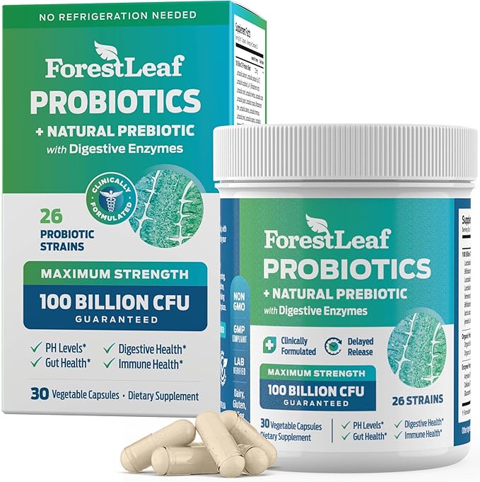 ForestLeaf Clinically Studied Probiotics 100 Billion CFU, 26 Strains with Organic Prebiotic Blend & Digestive Enzymes - Probiotic Prebiotic for Men & Women - Probiotics Digestive Health (30 Capsules)