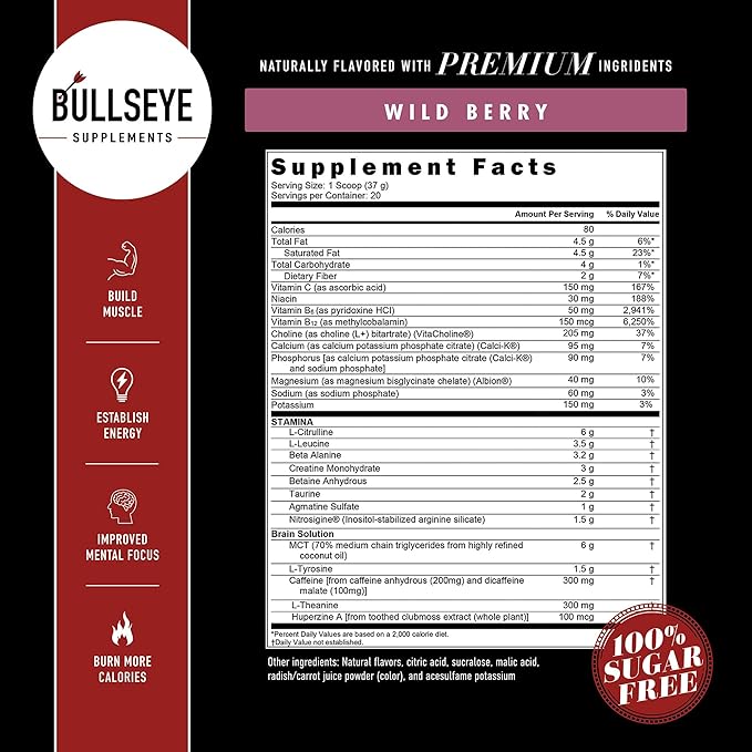 Bullseye MCT Oil Pre Workout Supplement - Creatine Monohydrate, Medium Chain Triglycerides, Beta Alanine, Caffeine, L-Citrulline, Muscle Gainer, Focus, Endurance, Energy -20 Servings - Wild Berry