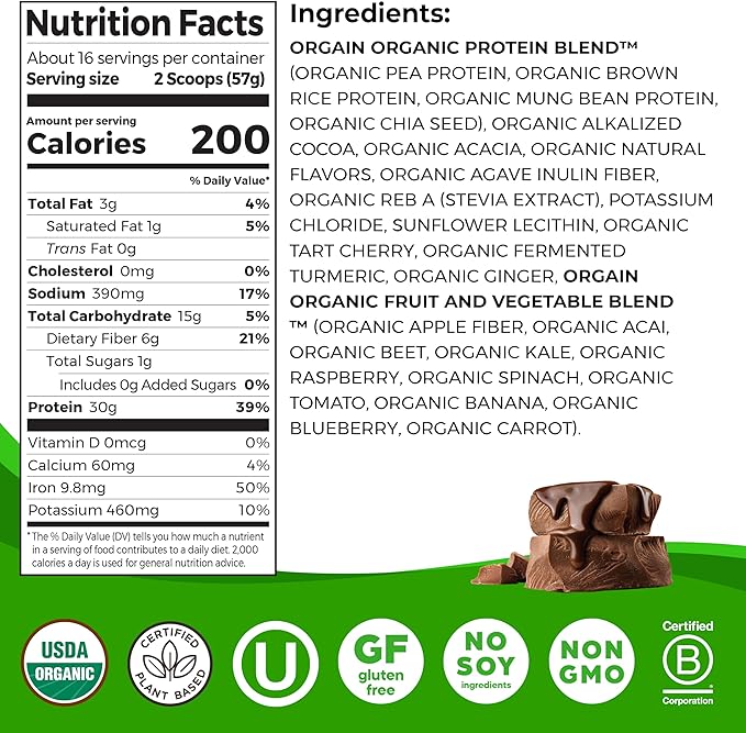 Orgain Organic 30g Vegan Protein Powder, 9g EAAs+BCAAs, 6g Prebiotic 1g Sugar, 2.01lb (Packaging