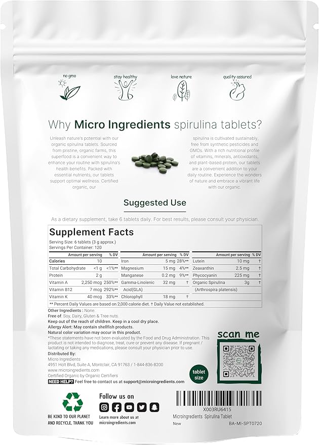 Micro Ingredients Organic Spirulina Supplement, 3000MG Per Serving, 720 Tablets (4 Month Supply), No Filler & Non-GMO, Rich in Vegan Protein, Vitamins & Prebiotics, Premium Spirulina Pills