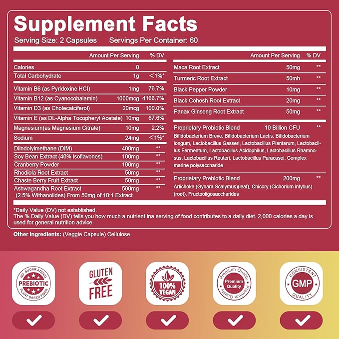 Menopause Supplements for Women, 10 Billion CFU Probiotic, 19-in-1 Multivitamin&Botanicals Extract, DIM, Hormonal Balance, Support Hot Flashes, Night Sweats, Mood, Sleep|Vegan, 120 Capsules