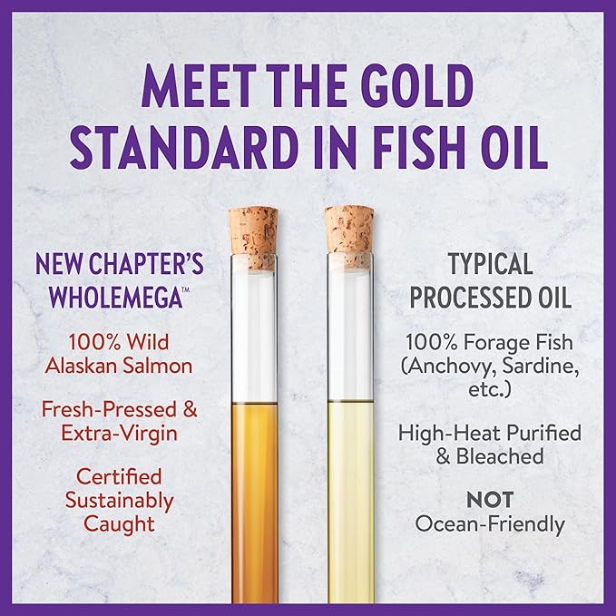 New Chapter Wholemega Fish Oil Supplement Omega-3 + D3 + 120 ct, 1000mg Softgels