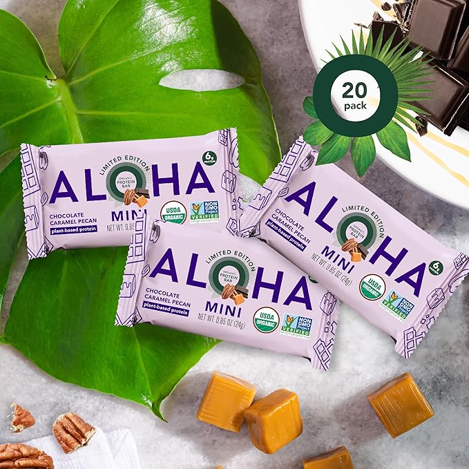ALOHA Organic Plant Based Protein Bar MINIS |Caramel Chocolate Pecan | 20 Count, 24g Bars | Vegan, Low Sugar, Gluten Free, Low Carb, Non-GMO, Stevia Free, Soy Free, No Sugar Alcohols