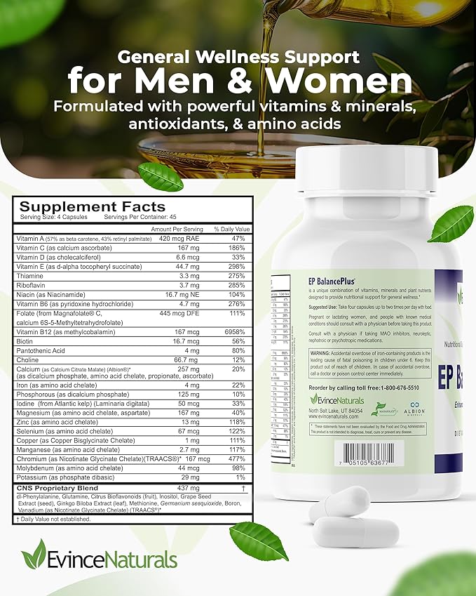 EP BalancePlus Multivitamin for Adults - Multivitamin for Men & Women with Vitamins and Minerals - Methyl Folate & Amino Acids for Nutritional Support - General Wellness Supplement, 180 Capsules