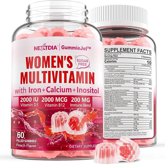 Sugar-Free Methylated Multivitamin for Women Gummies D3, E, B12, Iron,