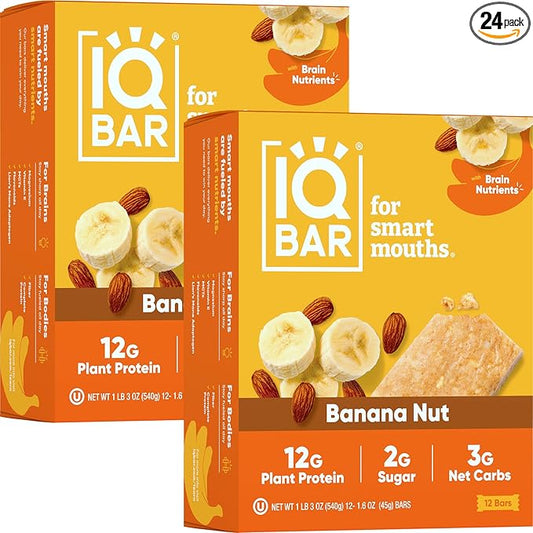 IQBAR Brain and Body Plant Protein Bars - Banana Nut - 24-Count Low Carb - Gluten Free, High Fiber, Vegan Snacks - Low Sugar Meal Replacement
