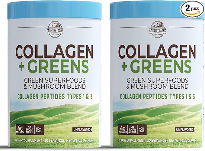 COUNTRY FARMS Collagen Peptides Powder with Greens Dietary Powder Supplement (Type I, III) for Skin Hair Nail and Joints, Dairy/Gluten/Sugar Free, Energizing Superfoods, 21.2 Oz, 60 Servings