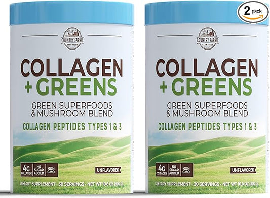 COUNTRY FARMS Collagen Peptides Powder with Greens Dietary Powder Supplement (Type I, III) for Skin Hair Nail and Joints, Dairy/Gluten/Sugar Free, Energizing Superfoods, 21.2 Oz, 60 Servings