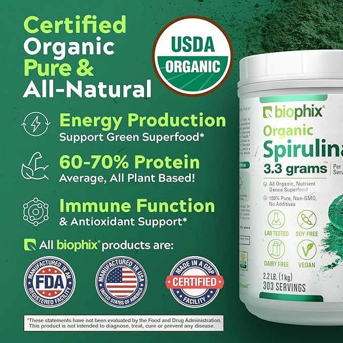 biophix Organic Spirulina Powder, 2.2 Lbs 100% Pure Spirulina Blue Green Algae Powder, Vegan, Non GMO, Non-Irradiated, USDA Certified, Best Protein Superfood