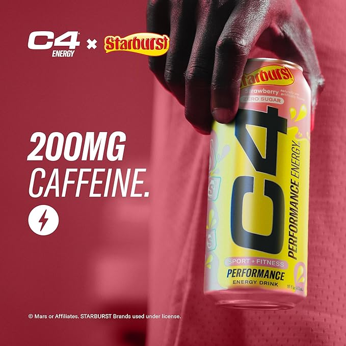 Cellucor C4 Performance Energy Drink | STARBURST Strawberry | Zero Sugar Carbonated Preworkout Energy | 200mg Caffeine with Beta Alanine | 16 Fl Oz (12 Pack)