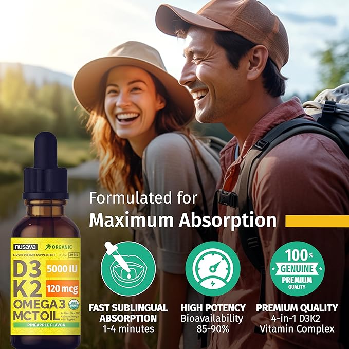 (2 Pack) Organic Vitamin D3 K2 3, 5000 5000 IU, 5000 IU, D3 for 2 Fl