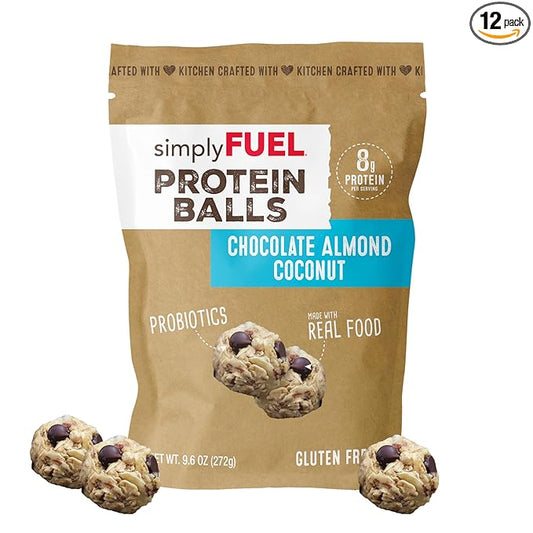 simplyFUEL Whole Food Protein Balls with Probiotics - Chocolate Almond Coconut Snacks - 8g Protein Snack - Gluten Free Energy Balls (1 Pack of 12 Balls)