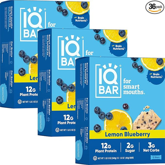 IQBAR Brain and Body Plant Protein Bars - Lemon Blueberry - 36-Count Low Carb - Gluten Free, High Fiber, Vegan Snacks - Low Sugar Meal Replacement