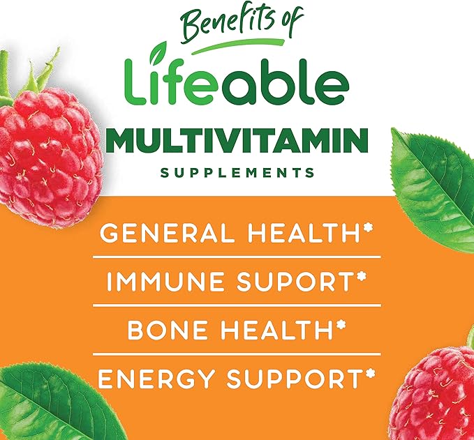 Lifeable Sugar Free Multivitamin for Men B1, B2, B2, Niacin, B5, B6, B6, Folate, B12, Biotin, 90 Gummies