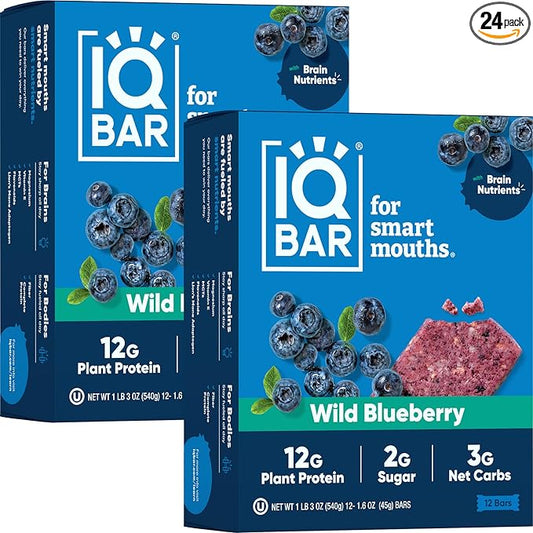 IQBAR Brain and Body Plant Protein Bars - Wild Blueberry - 24-Count Low Carb - Gluten Free, High Fiber, Vegan Snacks - Low Sugar Meal Replacement