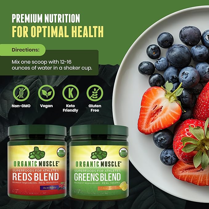 Organic Muscle Super Greens Powder Organic Superfood Powder with Probiotics, Spirulina, Chlorella, and Matcha| Non-GMO, 30 Servings